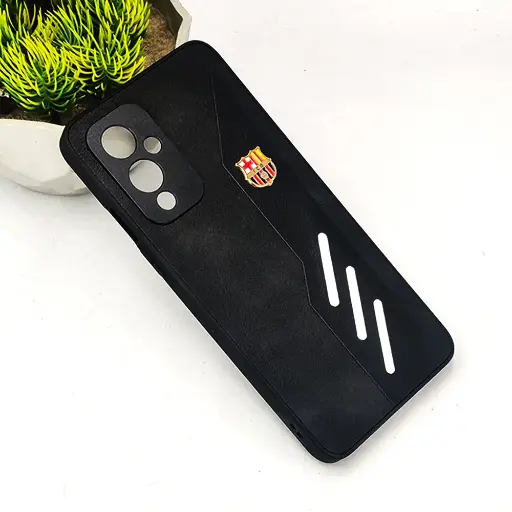 [PO42B1PL9-12-2] OnePlus 9 4G FCB Crest Logo With Three Diagonal Stripe With Leather Texture Mobile Back Case (Black)