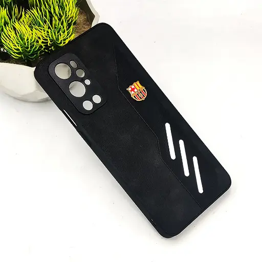 [PO42B1PL9PR-12-2] OnePlus 9 Pro FCB Crest Logo With Three Diagonal Stripe With Leather Texture Mobile Back Case (Black)