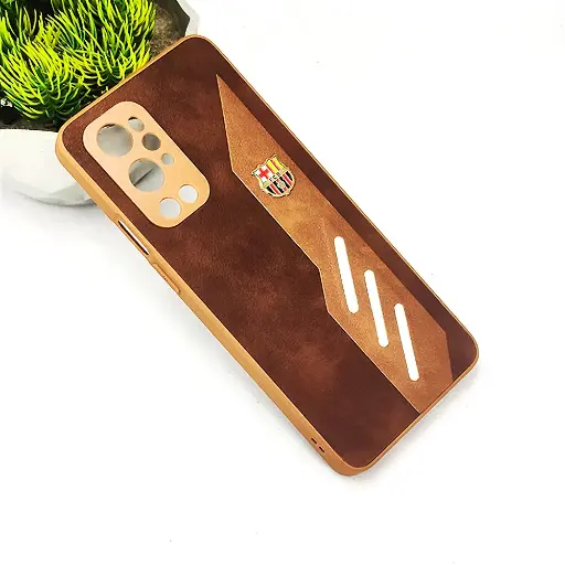 [PO42B1PL9PR-12-13] OnePlus 9 Pro FCB Crest Logo With Three Diagonal Stripe With Leather Texture Mobile Back Case (Brown)