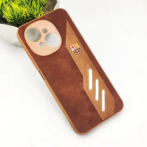 [PO42BTSPRKGO1-12-13] Tecno POP 9|Spark GO 1 FCB Crest Logo With Three Diagonal Stripe With Leather Texture Mobile Back Case (Brown)