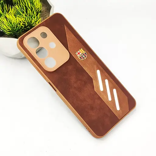[PO42BVIY29-12-13] Vivo Y29 4G|T4X 5G FCB Crest Logo With Three Diagonal Stripe With Leather Texture Mobile Back Case (Brown)