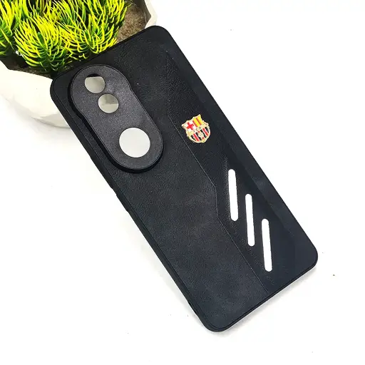[PO42BVIV50 5G-12-2] Vivo V50 5G FCB Crest Logo With Three Diagonal Stripe With Leather Texture Mobile Back Case (Black)