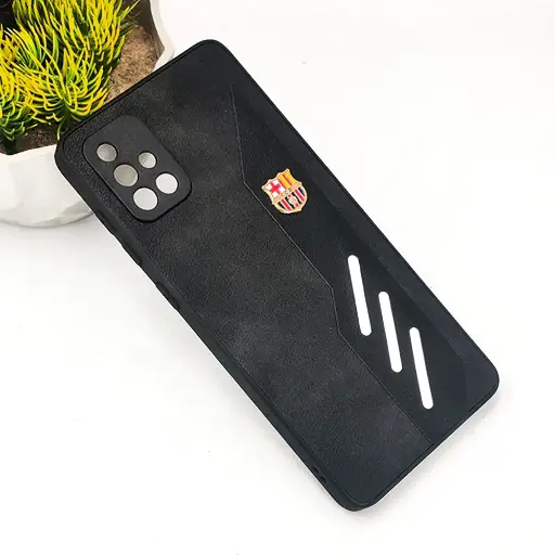 [PO42BSA51-12-2] Samsung A51 4G FCB Crest Logo With Three Diagonal Stripe With Leather Texture Mobile Back Case (Black)