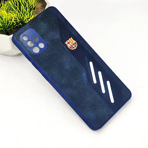 [PO42BSA51-12-17] Samsung A51 4G FCB Crest Logo With Three Diagonal Stripe With Leather Texture Mobile Back Case (Navy Blue)
