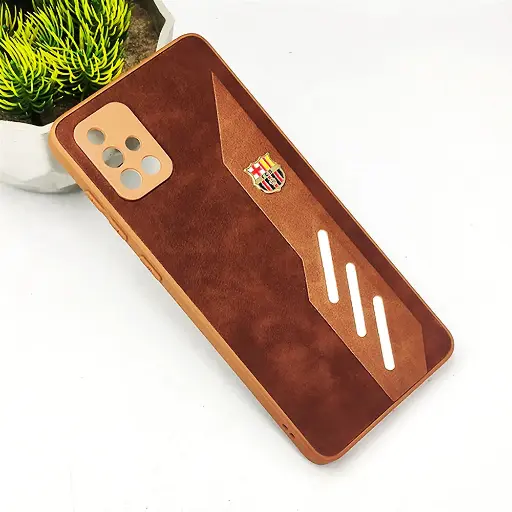 [PO42BSA71-12-13] Samsung A71 4G FCB Crest Logo With Three Diagonal Stripe With Leather Texture Mobile Back Case (Brown)