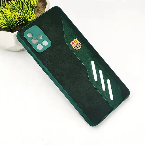 [PO42BSA71-12-11] Samsung A71 4G FCB Crest Logo With Three Diagonal Stripe With Leather Texture Mobile Back Case (Green)