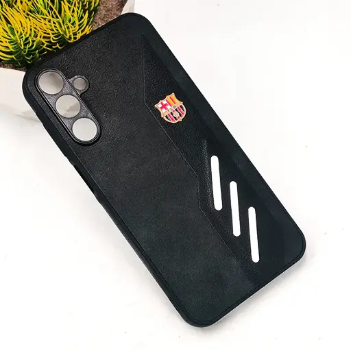 [PO42BSA15-12-2] Samsung Galaxy A15 4G/5G FCB Crest Logo With Three Diagonal Stripe With Leather Texture Mobile Back Case (Black)