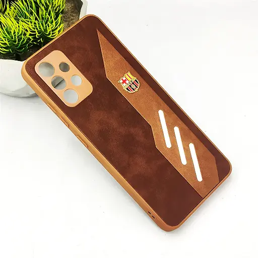 [PO42BSA32-12-13] Samsung Galaxy A32 4G FCB Crest Logo With Three Diagonal Stripe With Leather Texture Mobile Back Case (Brown)