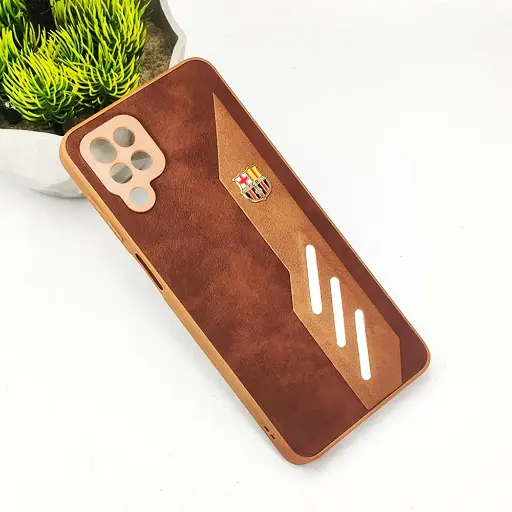 [PO42BSA12-12-13] Samsung Galaxy A12/M12 FCB Crest Logo With Three Diagonal Stripe With Leather Texture Mobile Back Case (Brown)