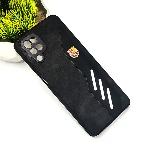 [PO42BSA12-12-2] Samsung Galaxy A12/M12 FCB Crest Logo With Three Diagonal Stripe With Leather Texture Mobile Back Case (Black)