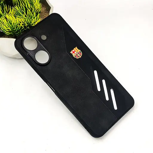 [PO42BMI13C-12-2] Xiaomi Redmi 13C & Poco C65 FCB Crest Logo With Three Diagonal Stripe With Leather Texture Mobile Back Case (Black)