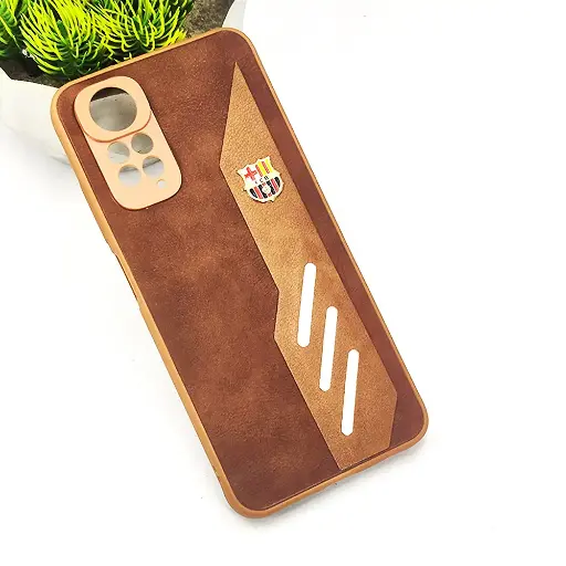 [PO42BMINOT11-12-13] Xiaomi Redmi Note 11/Note 11s FCB Crest Logo With Three Diagonal Stripe With Leather Texture Mobile Back Case (Brown)