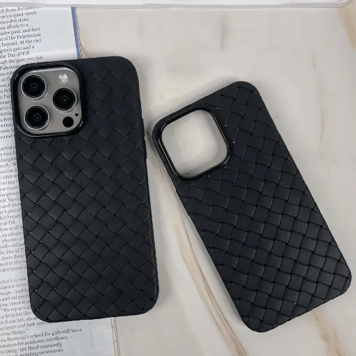 [PO14BIP15PR-52-2] iPhone 15 Pro Woven With Leather Feel Soft Silicone Back Case (Black) 