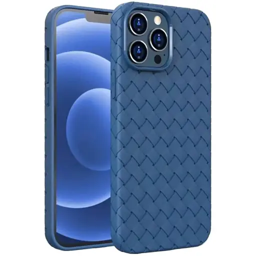 [PO14BIP14PR-52-17] iPhone 14 Pro Woven With Leather Feel Soft Silicone Back Case (Navy Blue)