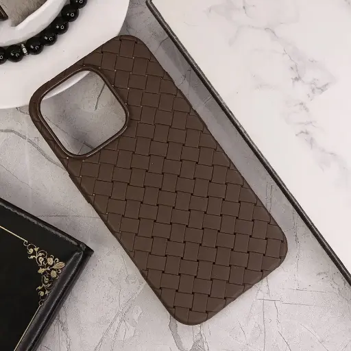 [PO14BIP12PMAX-52-34] iPhone 12 Pro Max Woven With Leather Feel Soft Silicone Back Case (Dark Brown)