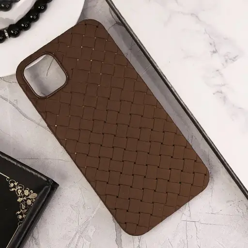 [PO14BIPXIR-52-34] iPhone 11 Woven With Leather Feel Soft Silicone Back Case (Dark Brown)