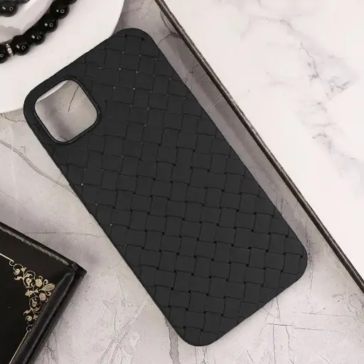 [PO14BIPXIMAX-52-2] iPhone 11 Pro Max Woven With Leather Feel Soft Silicone Back Case (Black)