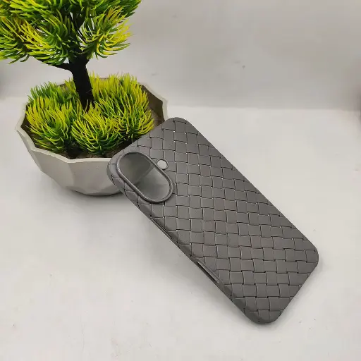 [PO14BIP16-52-9] iPhone 16 Woven Leather‑Feel Soft Silicone Back Case Gray – Premium Texture, Slim Protection