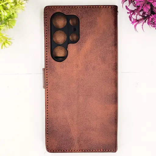 [PO42FBSS23U-4-34] Samsung Galaxy S23 Ultra NMT Premium Luxuary Leather Book Case (Dark Brown)