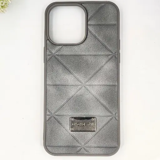 [PO56BIP14PMAX-4-9] iPhone 14 Pro Max QAZAQSTAN 3D Lining Pattern Premium Leather Back Case (Gray)