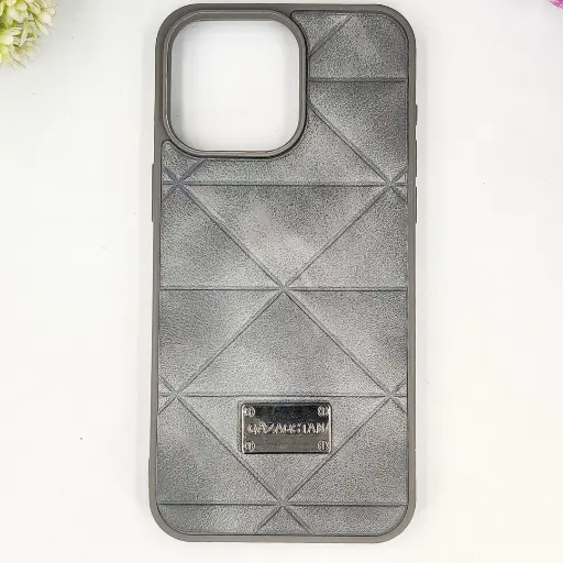 [PO56BIP15PMAX-4-9] iPhone 15 Pro Max QAZAQSTAN 3D Lining Pattern Premium Leather Back Case (Gray)