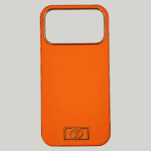 [PO29BIP17PMAX-2-45] iPhone 17 Pro Max Light Sand 3D Creative Louis Vuitton Logo With Chrome Finishing Back Case (Cosmic Orange)