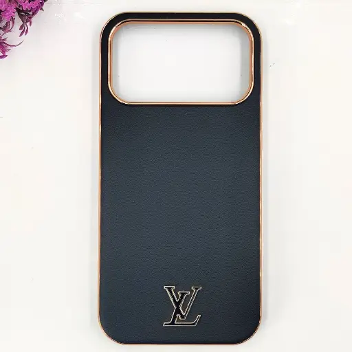 [PO29BIP17PMAX-2-2] iPhone 17 Pro Max Light Sand 3D Creative Louis Vuitton Logo With Chrome Finishing Back Case (Black)