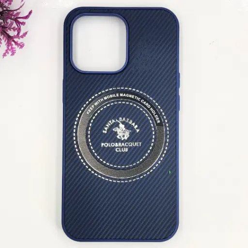 [PO4BIP15PMAX-19-17] iPhone 15 Pro 3D Polo Leather Carbon Fiber Texture With Magsafe Wireless Charging Compatible Back Case (Navy Blue)