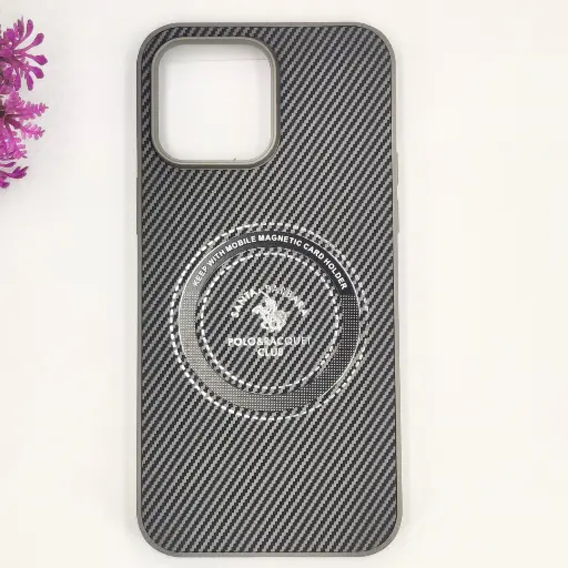 [PO4BIP14PMAX-19-9] iPhone 14 Pro Max 3D Polo Leather Carbon Fiber Texture With Magsafe Wireless Charging Compatible Back Case (Gray)