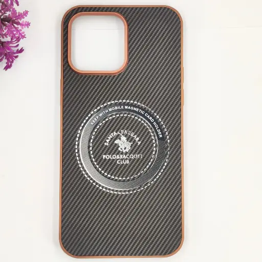 [PO4BIP14PMAX-19-13] iPhone 14 Pro Max 3D Polo Leather Carbon Fiber Texture With Magsafe Wireless Charging Compatible Back Case (Brown)