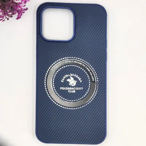 [PO4BIP14PMAX-19-17] iPhone 14 Pro Max 3D Polo Leather Carbon Fiber Texture With Magsafe Wireless Charging Compatible Back Case (Navy Blue)