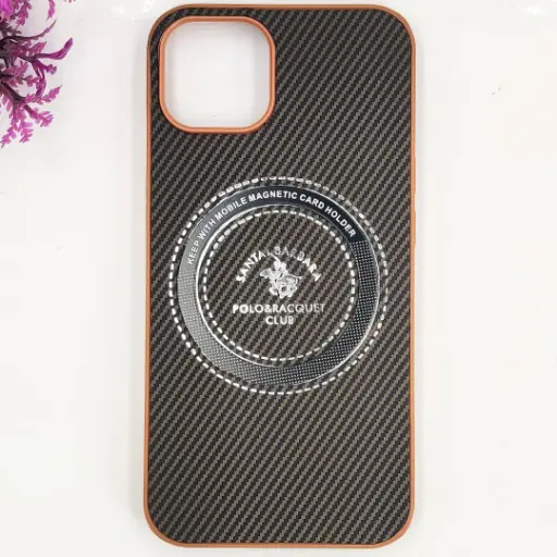 [PO4BIP13-19-13] iPhone 13|iPhone 14 3D Polo Leather Carbon Fiber Texture With Magsafe Wireless Charging Compatible Back Case (Brown)