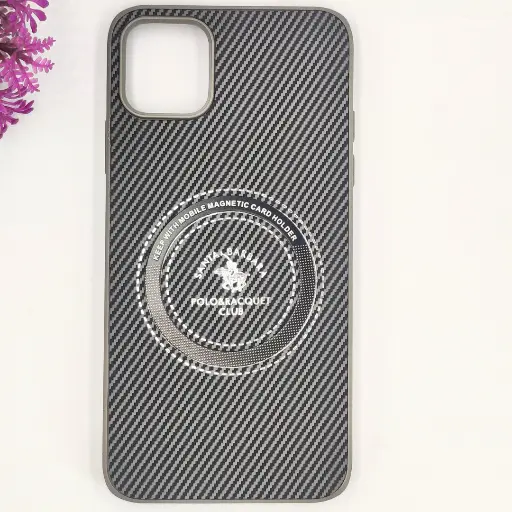 [PO4BIPXIMAX-19-9] iPhone 11 Pro Max 3D Polo Leather Carbon Fiber Texture With Magsafe Wireless Charging Compatible Back Case (Gray)